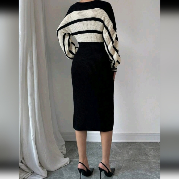 Women's Elegant Knitted Sweater Dress With Round Neck, Long Sleeves, Striped, Dr - Picture 2 of 6